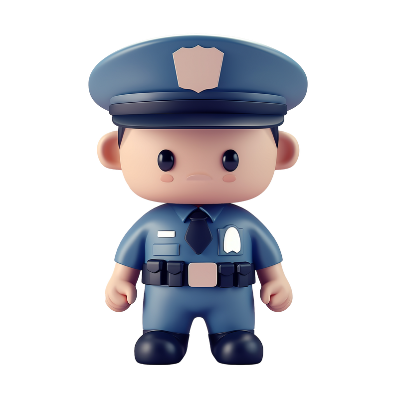 Little Officer Chibi Police Figure 3D rendered front view navy blue police uniform badge name tag tie utility belt pouches officer cap silver shield badge button eyes rosy cheeks white background