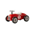Classic red retro ride-on race car with chrome steering wheel and number 1 decal on white background