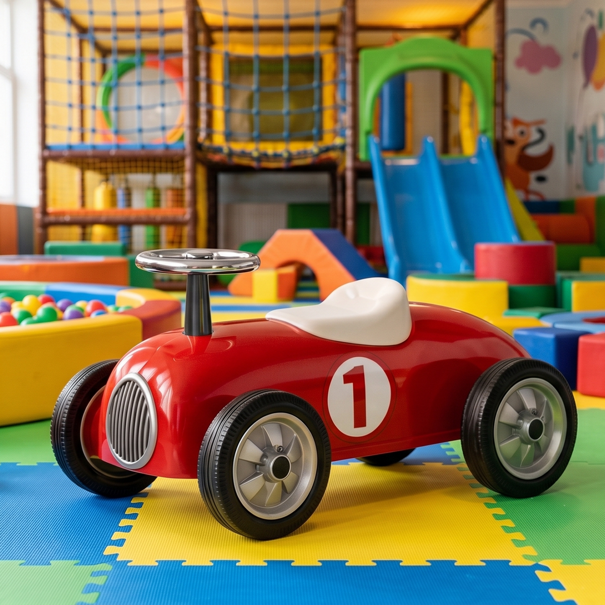 Classic red retro ride-on race car in a colorful indoor play area