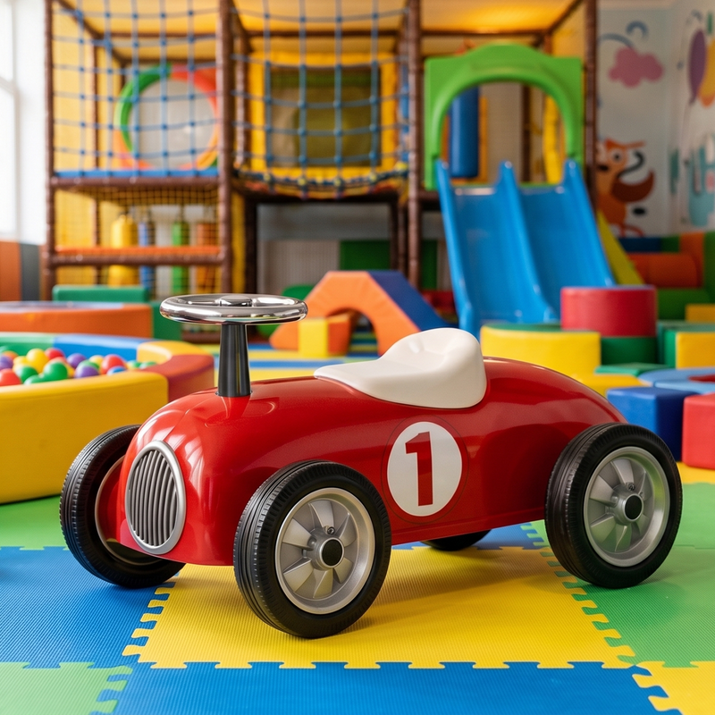 Classic red retro ride-on race car in a colorful indoor play area