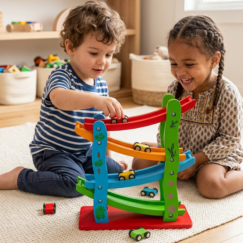 Wooden 4-Lane Ramp Racer Toy with Mini Cars