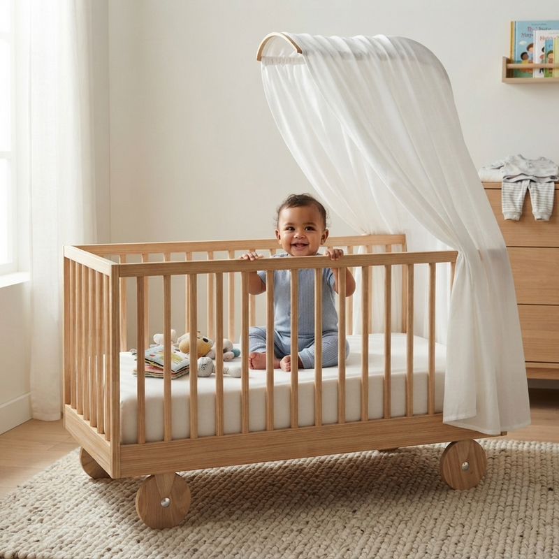 Wooden Baby Cot with Canopy & Wheels
