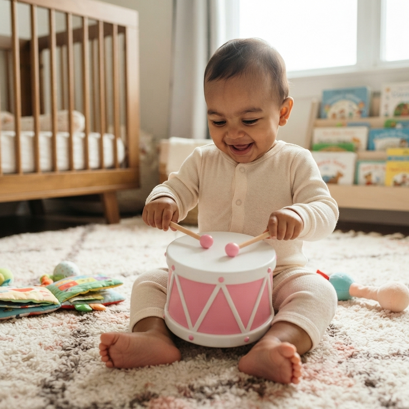 Pink Toy Drum Set with Wooden Drumsticks