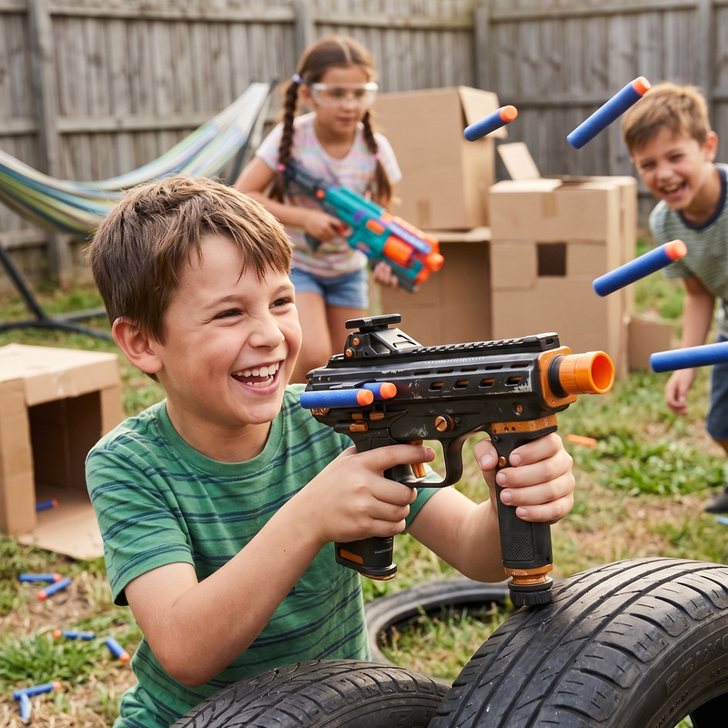 Kids playing outdoors with tactical foam dart blaster shooting soft blue foam darts