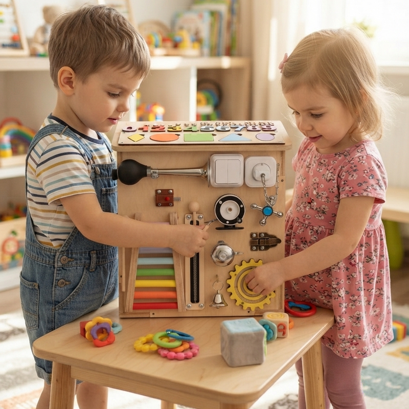 Boy in dungarees and girl in floral dress both completely absorbed exploring Montessori Busy Board Activity Station on table in bright cosy playroom
