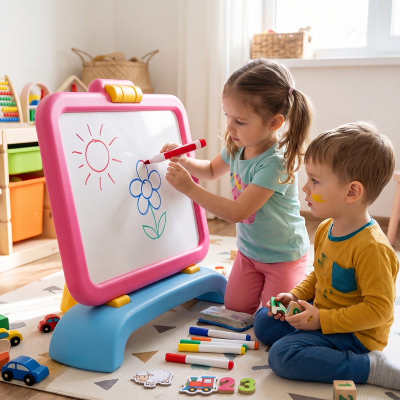 Girl in teal top drawing sun and flower on pink whiteboard easel with red marker while boy in yellow sits beside with foam number magnets in bright playroom