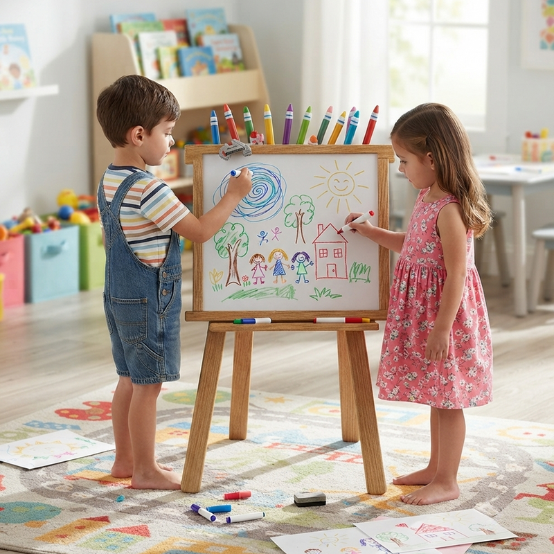Boy in dungarees and girl in pink floral dress both barefoot drawing sunny garden scene together on wooden A-frame art easel in bright playroom with crayons scattered around
