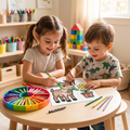 Girl in pigtails and boy in dinosaur tee both smiling and colouring baby goat page together at round table with rainbow circular crayon organiser and scattered pencils