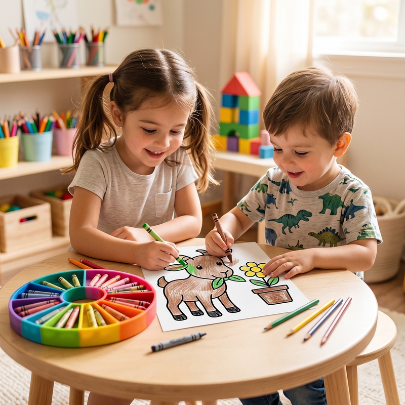 Girl in pigtails and boy in dinosaur tee both smiling and colouring baby goat page together at round table with rainbow circular crayon organiser and scattered pencils