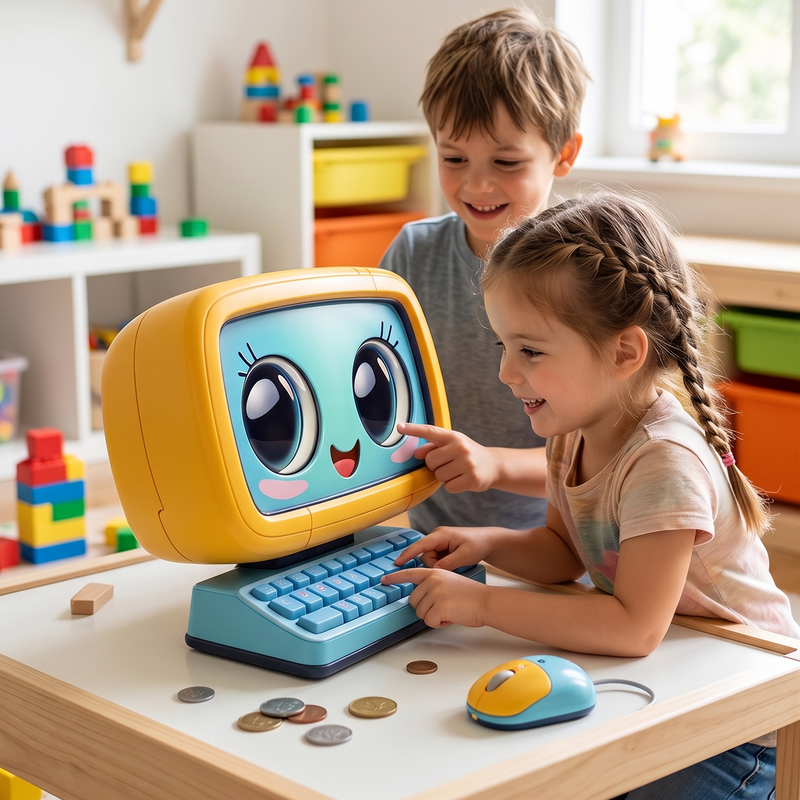 Girl with braid pointing at Buddy Learning Computer kawaii face screen while boy behind her laughs with joy coins on table and rainbow block playroom in background