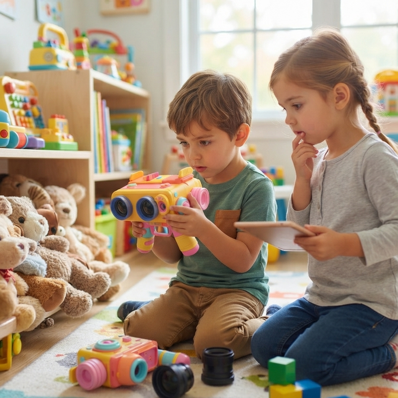 Boy in green tee holding Multi-Lens Science Camera with absorbed concentration while girl in grey leans in fascinated on playroom floor with teddy bears and building blocks