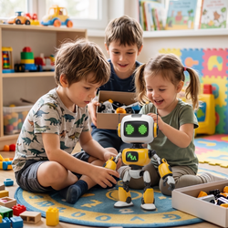 Three children on blue round rug boy in dino tee adjusting RB-X1 arm younger boy with tablet controller girl in pigtails beaming touching RB-X1 hand with delight