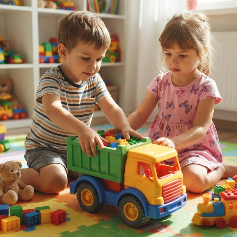 Boy in striped tee and girl in pink butterfly dress both loading rainbow DUPLO bricks into green dump bed of Segway Dump Truck together on colourful foam mat