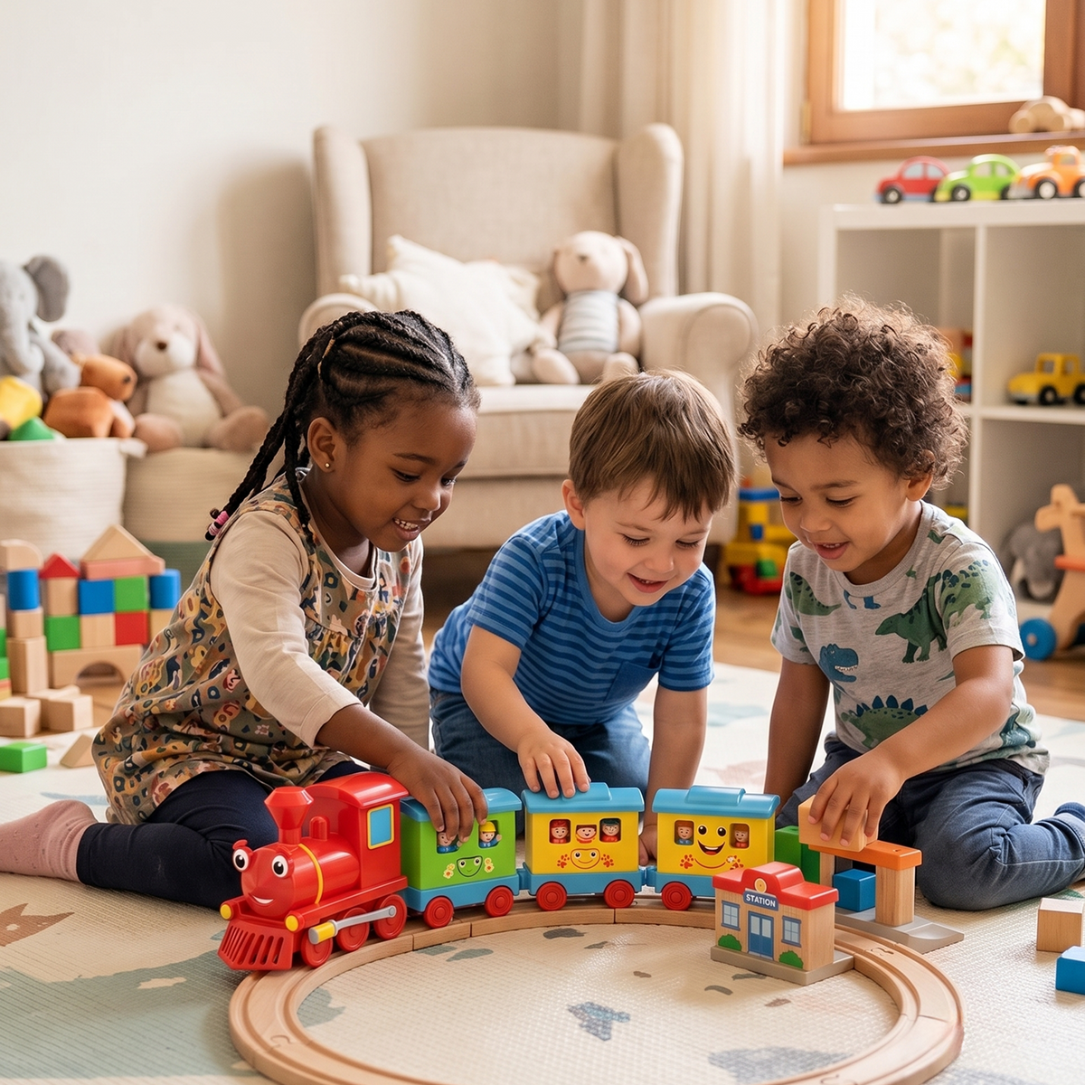 Three diverse children girl with braids boy in blue stripe curly-haired boy in dino tee all playing with Choo-Choo Express on oval wooden track with STATION building on foam mat