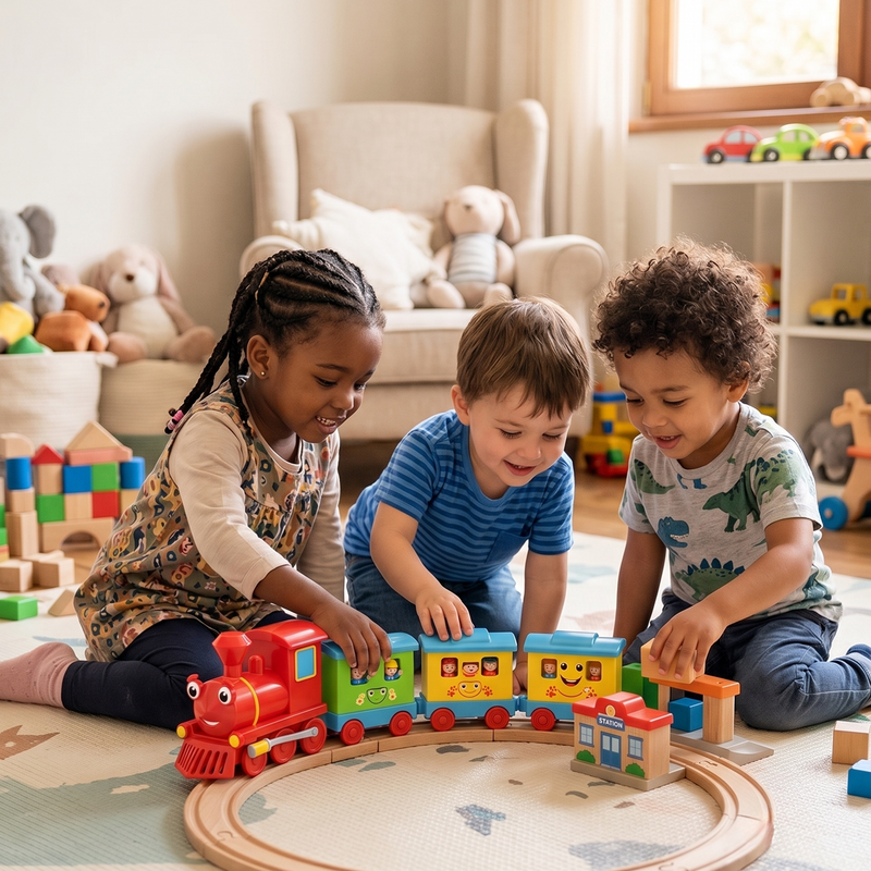 Three diverse children girl with braids boy in blue stripe curly-haired boy in dino tee all playing with Choo-Choo Express on oval wooden track with STATION building on foam mat