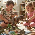 Boy in dinosaur print tee roaring while battle-posing T-Rex figure and girl in pink laughing holding Triceratops on prehistoric battle mat with palm trees eggs rocks and dinosaur figures