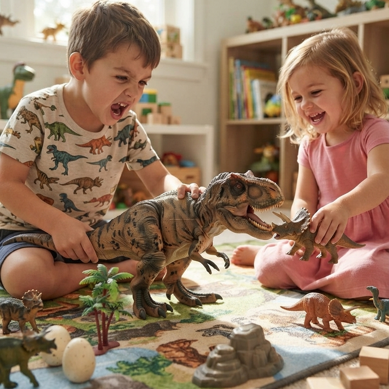 Boy in dinosaur print tee roaring while battle-posing T-Rex figure and girl in pink laughing holding Triceratops on prehistoric battle mat with palm trees eggs rocks and dinosaur figures
