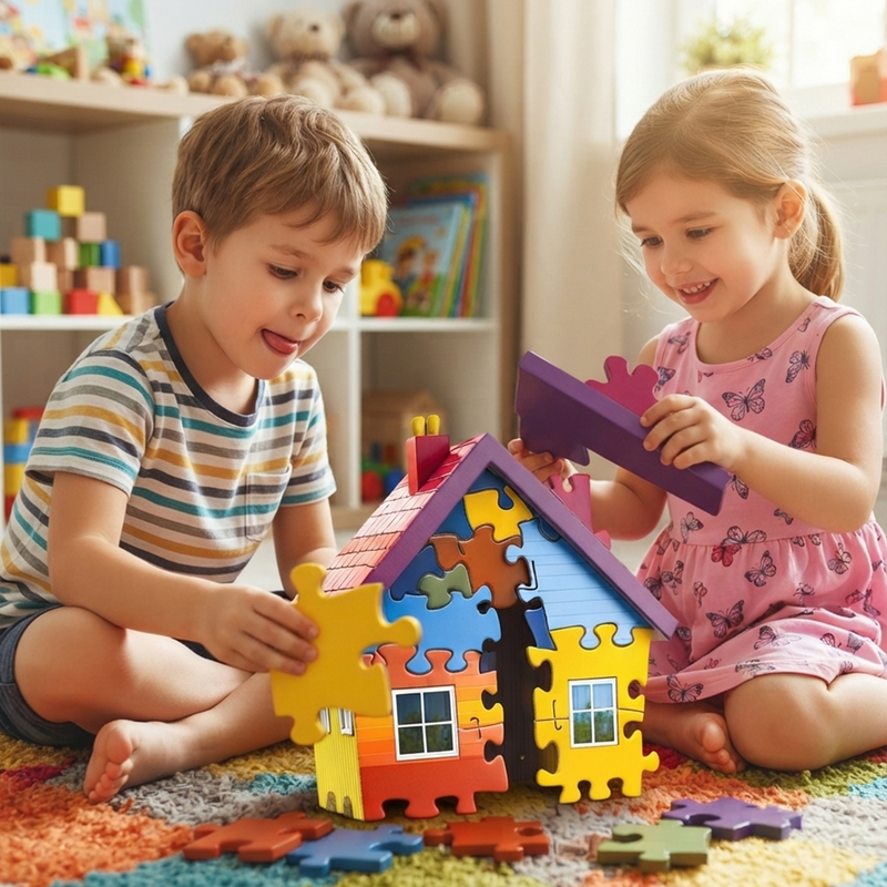 Boy in stripe tee concentrating slotting wall puzzle piece and girl in pink butterfly pinafore smiling lifting purple roof ridge piece with rainbow puzzle pieces on colourful rug around them