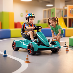 Boy in hi-vis vest and multi-colour helmet gripping steering wheel with joy while laughing girl in green tee places traffic cones on painted indoor circuit track