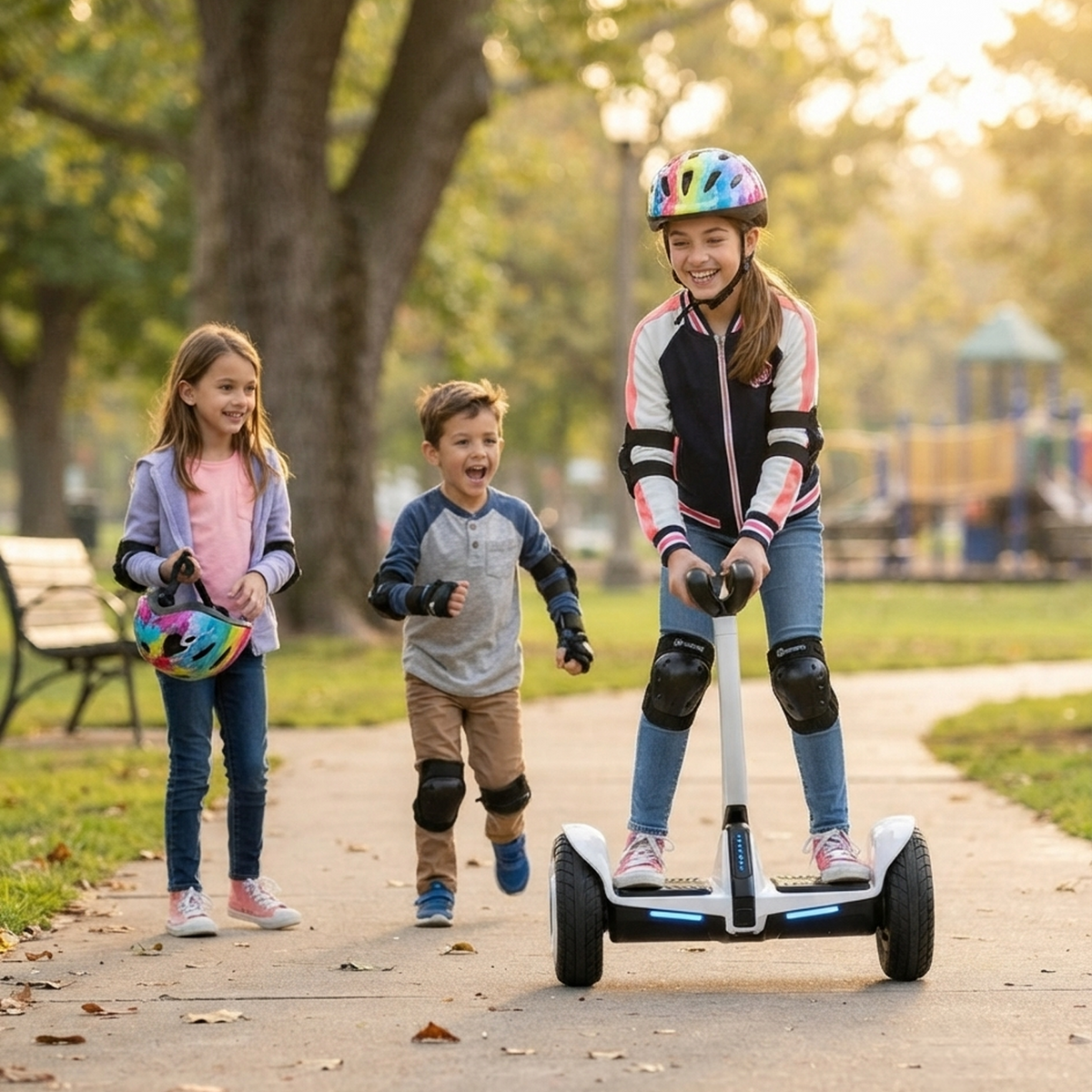 Girl in striped jacket and rainbow helmet riding Segway Electric Personal Transporter with biggest smile knee and elbow pads on two friends running alongside on golden hour autumn park path