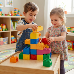 Boy in denim dungarees placing yellow brick with tongue-out concentration and girl in floral dress smiling adding red brick to shared rainbow tower on wooden nursery table toy shelf behind
