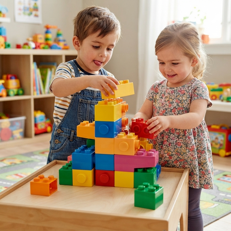 Boy in denim dungarees placing yellow brick with tongue-out concentration and girl in floral dress smiling adding red brick to shared rainbow tower on wooden nursery table toy shelf behind