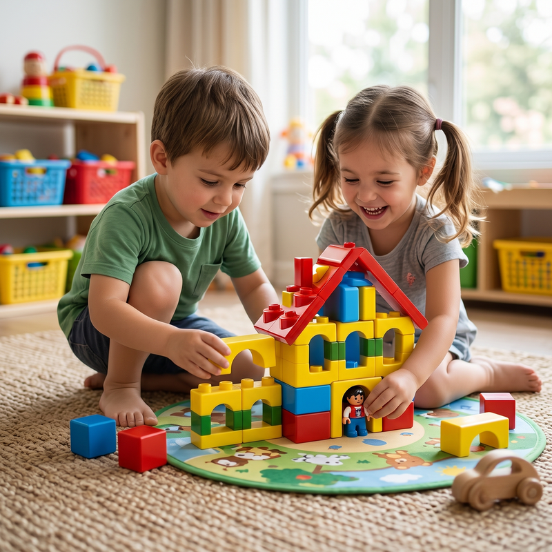 Boy in green tee and girl in grey tee with pigtails laughing building primary colour brick house together on round animal print play mat nursery carpet character figure in doorway wooden car nearby