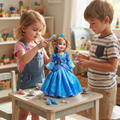Girl in denim dungarees brushing Snow Queen doll hair with comb boy in striped tee holding teacup at white nursery tea party table blue glass slipper shoes on table