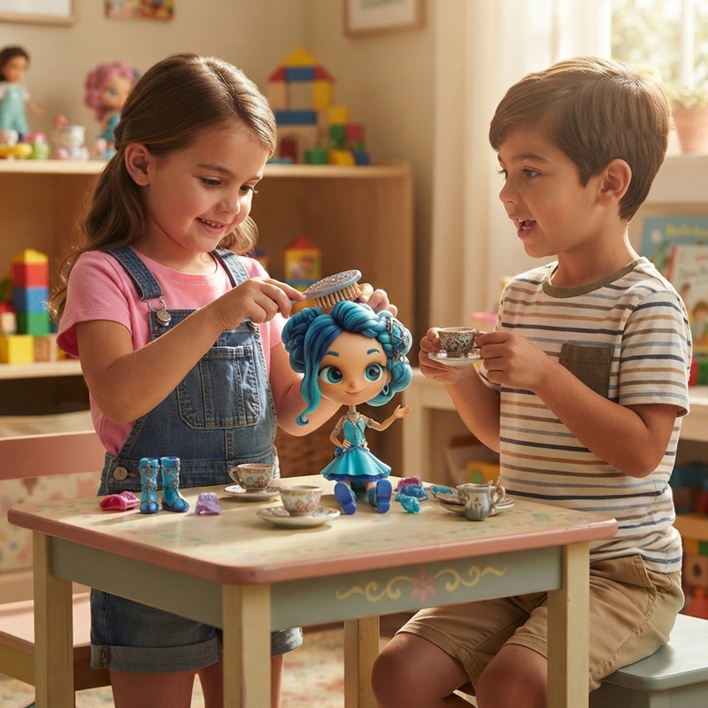 Girl in denim dungarees brushing Aquamarina doll teal braided hair silver brush boy in striped tee holding teacup sunny nursery tea party table blue boots purple teal shoes accessories scattered