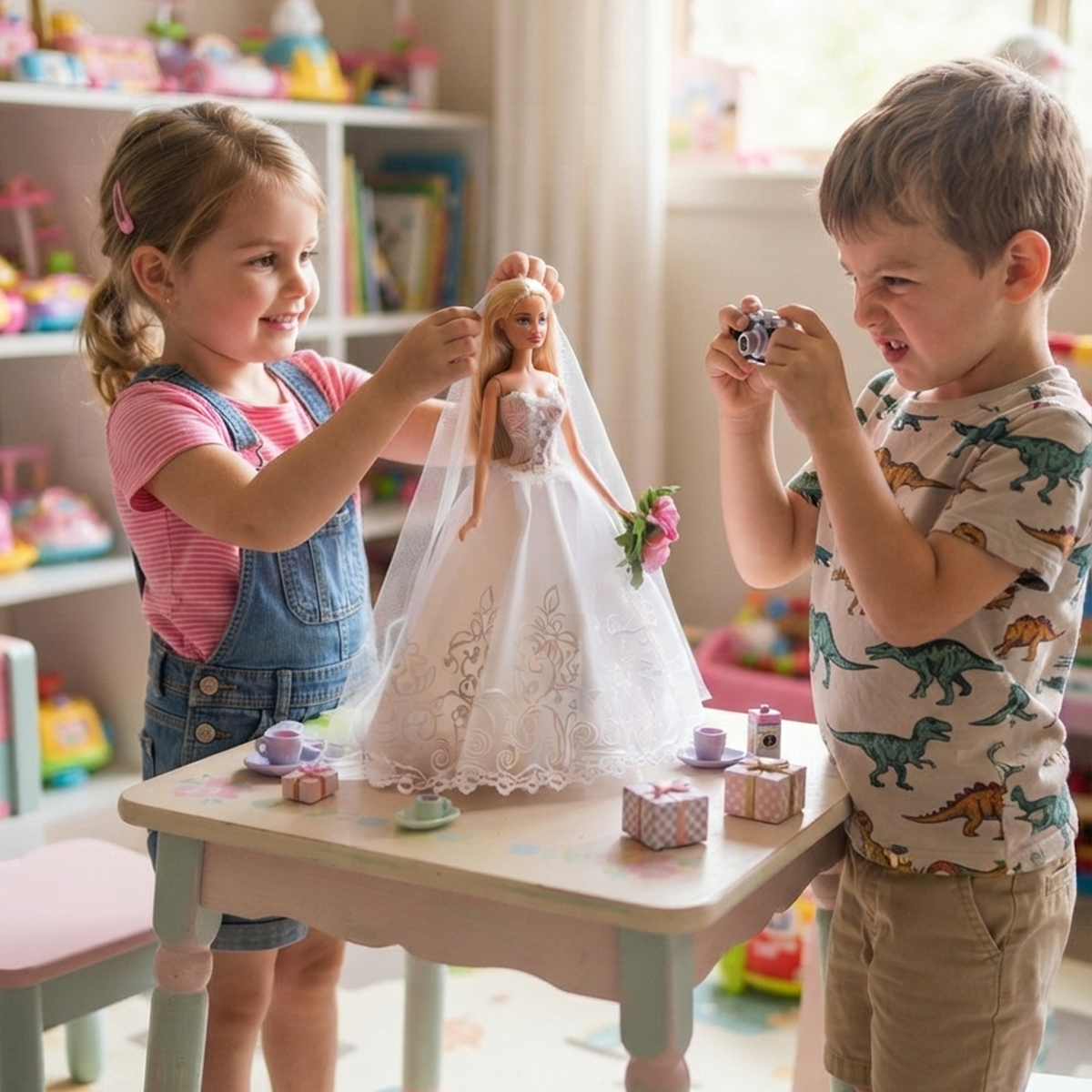 Girl in pink tee denim dungarees lifting Bridal Dreams doll cathedral veil boy in dinosaur tee photographing doll toy camera pastel nursery table miniature tea set pink gift boxes