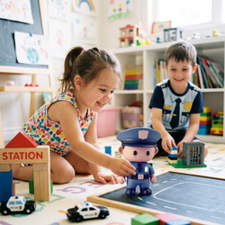 Girl in floral tee laughing reaching for Little Officer chibi figure on play mat road map boy in police costume tee building LEGO jail wooden STATION sign two die-cast police cars chalkboard road