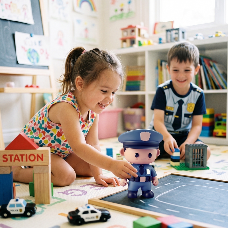 Girl in floral tee laughing reaching for Little Officer chibi figure on play mat road map boy in police costume tee building LEGO jail wooden STATION sign two die-cast police cars chalkboard road