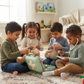 Four children different ethnicities warm sunlit living room cream rug treating two fluffy teddy bears open sage green medical kit centre stethoscope thermometer collaborative group doctor roleplay