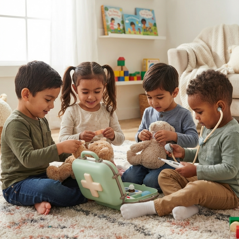 Four children different ethnicities warm sunlit living room cream rug treating two fluffy teddy bears open sage green medical kit centre stethoscope thermometer collaborative group doctor roleplay