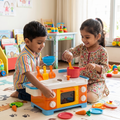 Indian boy in rainbow striped shirt and Indian girl in floral salwar kameez playing together colourful animal print play mat blue bowl red saucepan orange spatula toy carrots colourful plates scattered