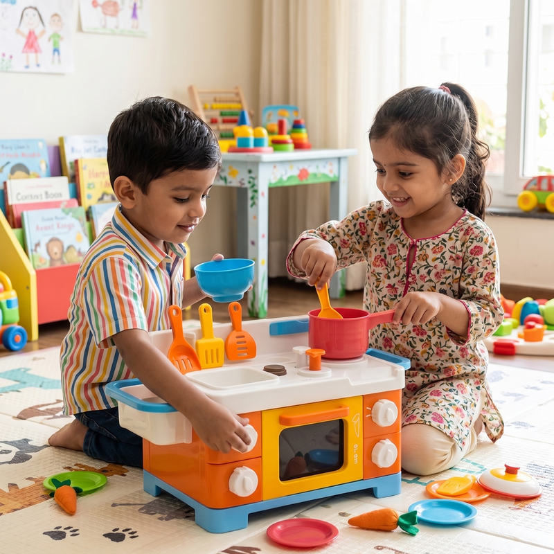 Indian boy in rainbow striped shirt and Indian girl in floral salwar kameez playing together colourful animal print play mat blue bowl red saucepan orange spatula toy carrots colourful plates scattered