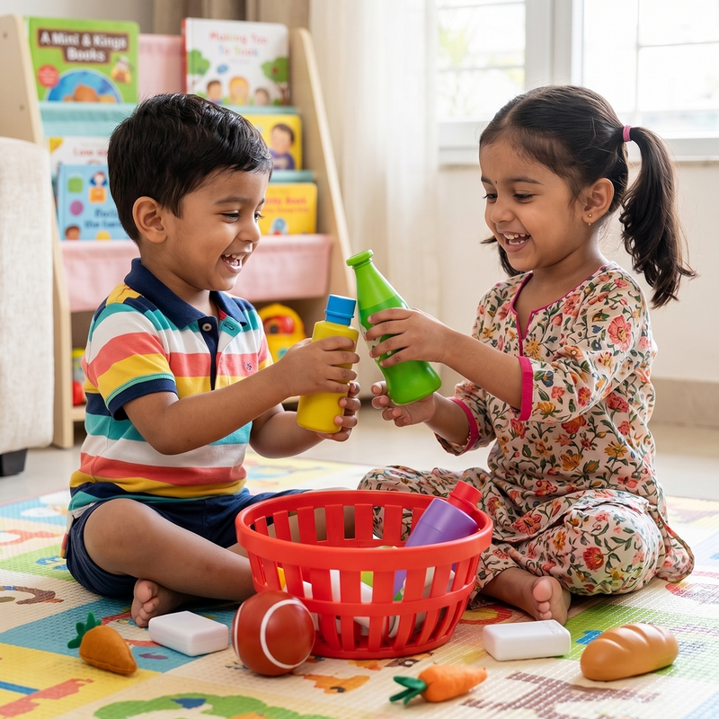 Indian boy rainbow striped polo Indian girl floral salwar kameez laughing exchanging toy grocery bottles red basket between them toy carrots tomato bread roll soap bar scattered animal print play mat