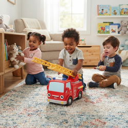 Three toddlers Scandinavian living room cream rug Black girl pink tee stuffed cat Black toddler boy grey henley laughing reaching yellow ladder white boy navy tee toy hose Blaze fire engine centre