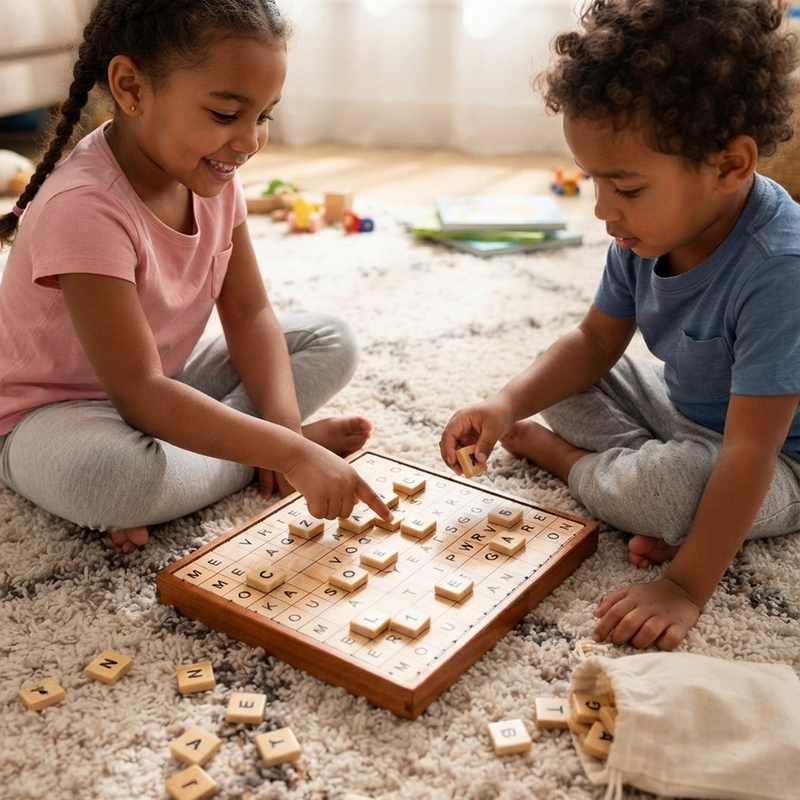 Black girl braids pink tee Black curly-haired boy blue tee sitting cross-legged cream shag rug WordCraft board between them girl pointing tile smiling boy reaching tiles linen drawstring bag loose tiles
