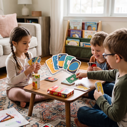 Three children warm sunlit living room small wooden coffee table White girl braids white top holding cards concentrating White boy rust henley grinning playing card White bespectacled boy green top watching intently UNO box juice carton crayons