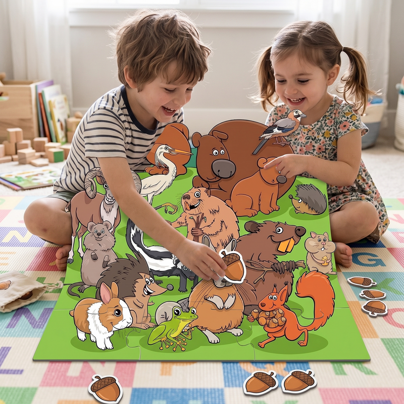 White boy grey striped tee White girl floral dress cross-legged colourful alphabet play mat large assembled green woodland animal puzzle between them boy placing acorn-shaped piece girl grinning loose acorn pieces linen bag wooden blocks