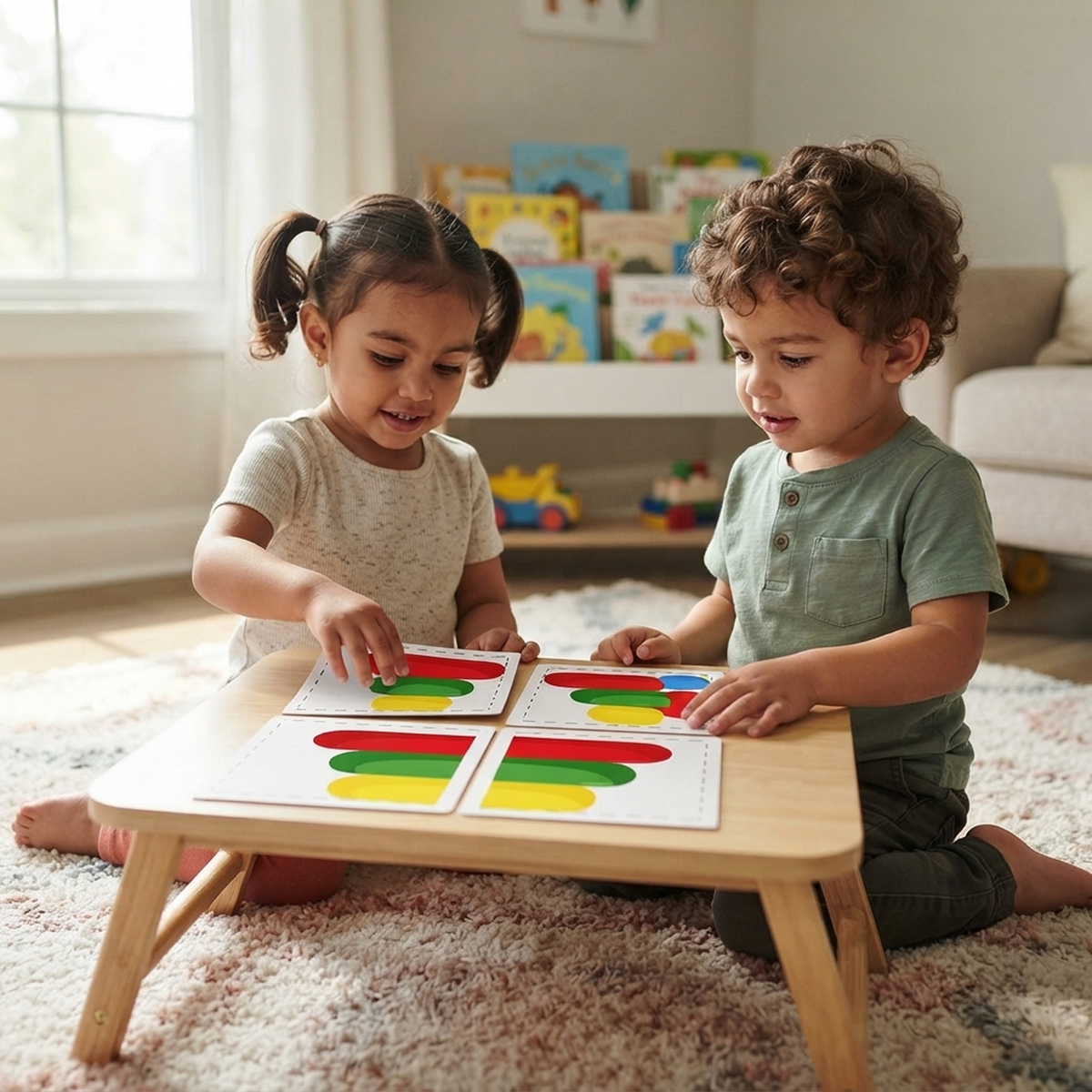 Indian girl pigtails cream dotted top mixed-heritage curly-haired boy sage green henley sitting cream shag rug small natural pine low table both absorbed girl placing card smiling boy studying arrangement 4 cards 2x2 grid stacking pyramid sunlit nursery colourful bookshelf