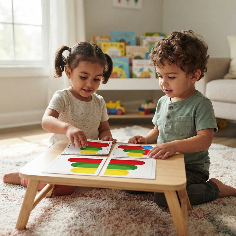 Indian girl pigtails cream dotted top mixed-heritage curly-haired boy sage green henley sitting cream shag rug small natural pine low table both absorbed girl placing card smiling boy studying arrangement 4 cards 2x2 grid stacking pyramid sunlit nursery colourful bookshelf