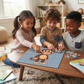 Mixed-heritage pigtail girl blush long-sleeve curly-haired White boy tan grey henley Black boy grey long-sleeve three children low dark walnut oval table cream shag rug almost-complete monkey puzzle steel-blue board monkey body assembled two face pieces being placed loose pieces floor jungle book