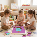 Three White children neutral cream beige tones cross-legged grey animal print play mat sunlit playroom curly boy cream tee ponytail girl cream dusty pink pointing ponytail girl white almost-complete kawaii ice lolly wooden frame puzzle purple teal chocolate drip loose pieces wooden alphabet blocks easel drawing wooden train toy storage