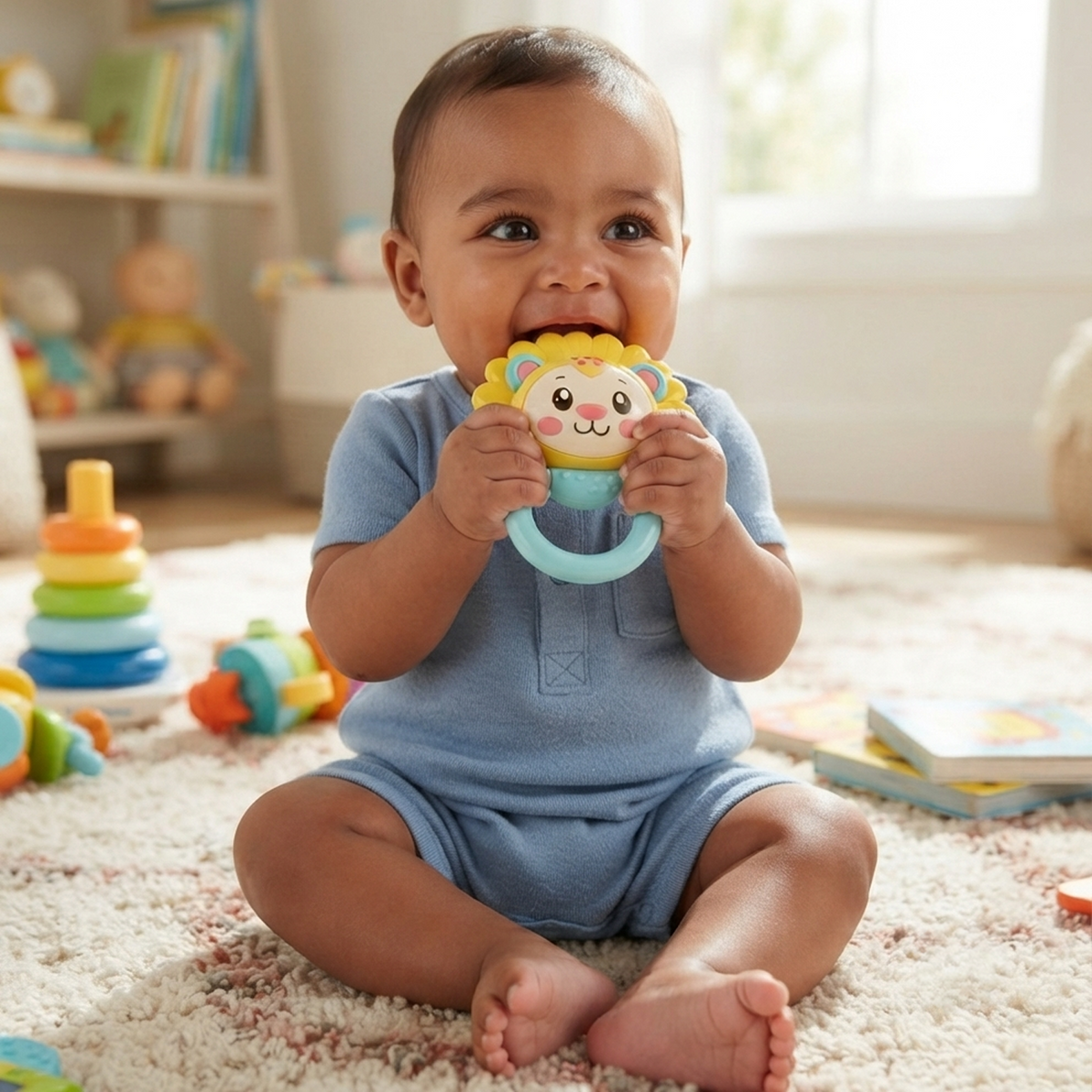 Mixed-heritage baby boy blue romper sitting cream shag rug sunlit nursery both chubby hands gripping Leo Lion rattle bringing to mouth joyfully absorbed delighted expression rainbow stacking ring tower colourful star fish sensory toys board book soft focus background