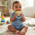 Mixed-heritage baby boy blue romper sitting cream shag rug sunlit nursery both chubby hands gripping Leo Lion rattle bringing to mouth joyfully absorbed delighted expression rainbow stacking ring tower colourful star fish sensory toys board book soft focus background