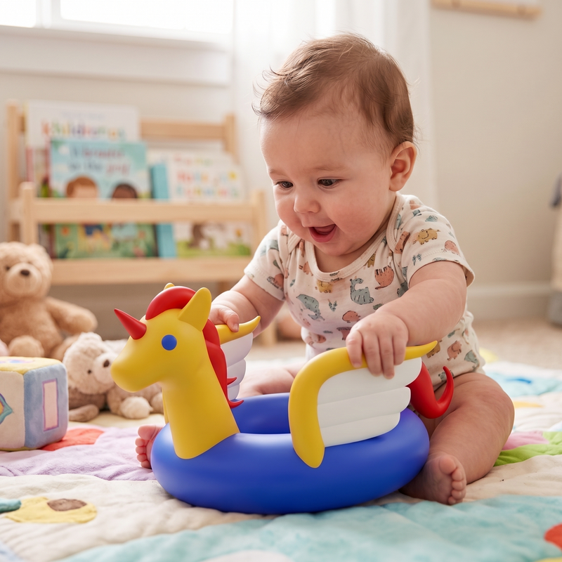 White baby boy animal-print onesie sitting colourful alphabet animal play mat sunlit nursery both hands gripping golden yellow wings pegasus ring toy enormous open-mouthed joyful baby grin teddy bear plush rabbit fabric cube block children book shelf background