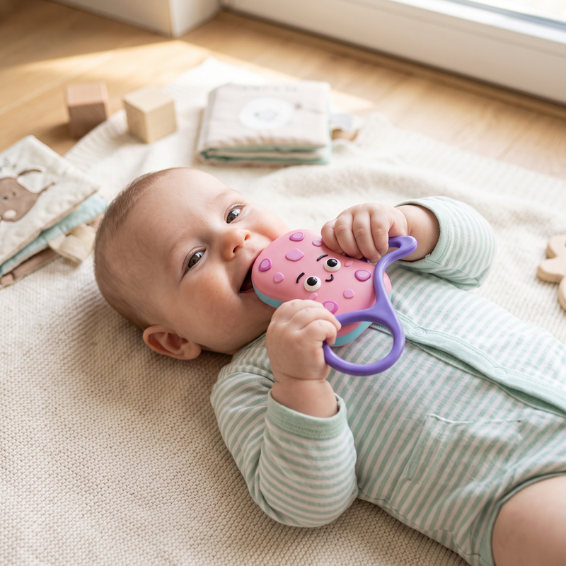 White baby mint green striped zip-up sleepsuit lying back cream knit play mat sunlit nursery floor both hands gripping purple tentacle handles octopus teether pressing pink sensory dot body to mouth focused teething expression wooden blocks soft sensory book wooden letters