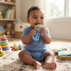 Black baby boy blue short-sleeve romper sitting upright cream shag rug warm sunlit nursery both hands holding blue rattle handle bringing yellow-banded ball head to open grinning mouth enormous joyful toothy baby smile rainbow stacking ring tower colourful dinosaur animal figures fabric sensory book background